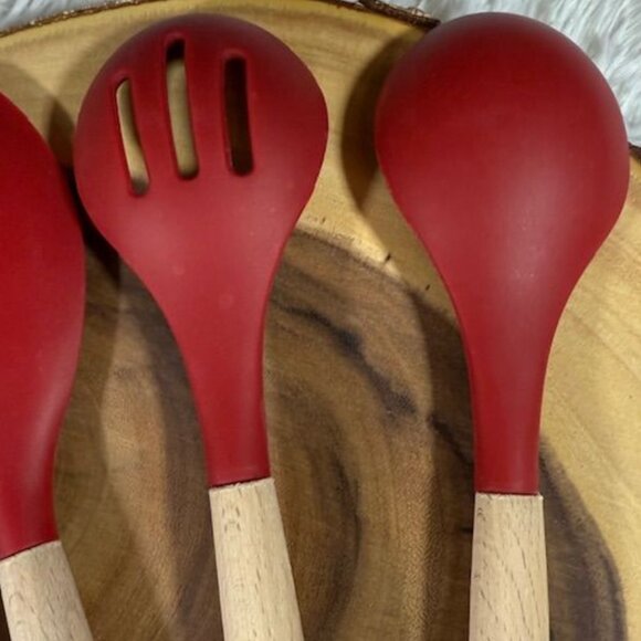 NWOT 4pc Red Silicone and Wood Cooking Utensils Spatulas and Spoons Set - Picture 7 of 11